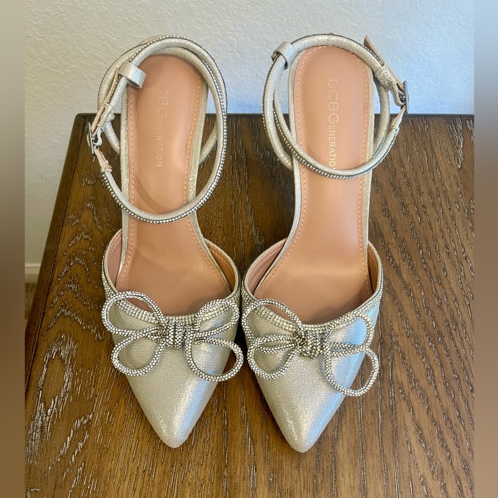 BCBGeneration Annese Silver And Rhinestone Heels Ankle Straps